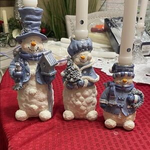 Snowman Candle Holders Set in Blue and White